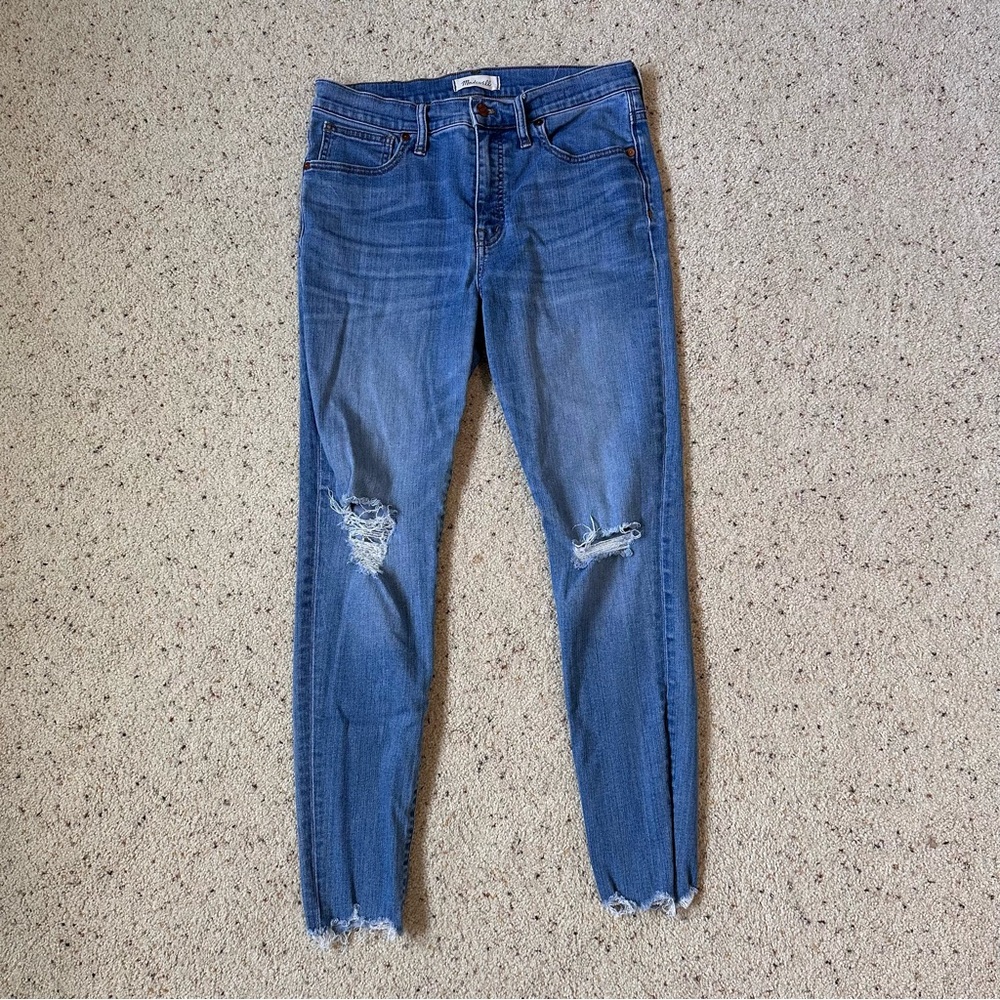Madewell 9” High Rise Skinny Jeans Distressed Ankles Ripped Size 30